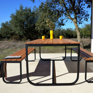 Ensemble TABLAS table + 2 bancs - acier et eucalyptus - 200 X 90 x 74