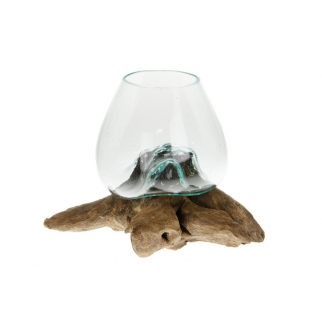Vase en verre sur racine en teck