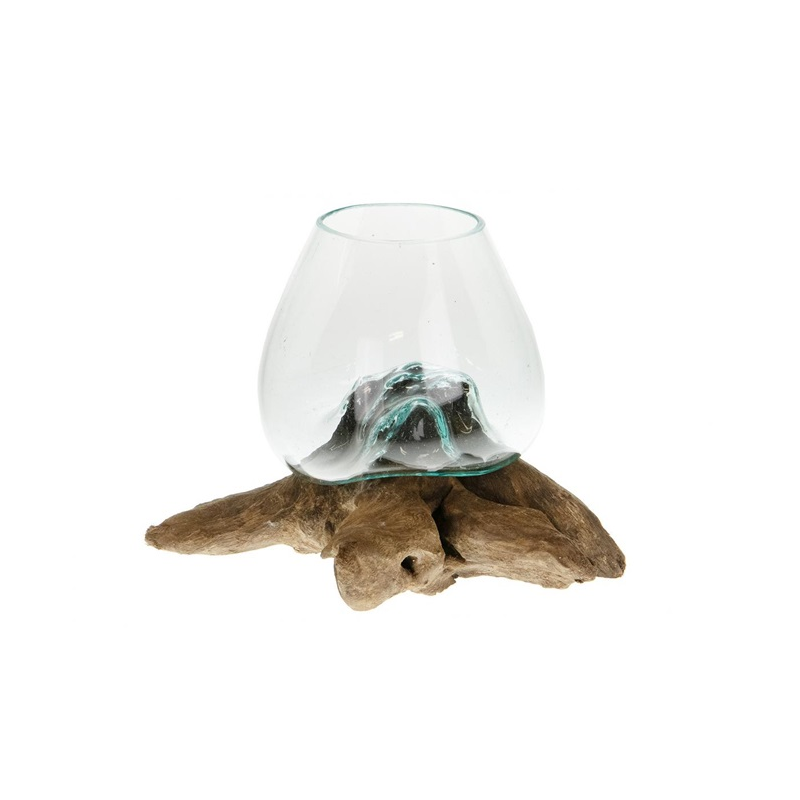 Vase en verre sur racine en teck