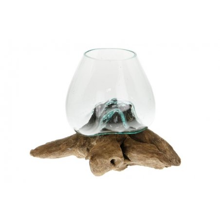 Vase en verre sur racine en teck