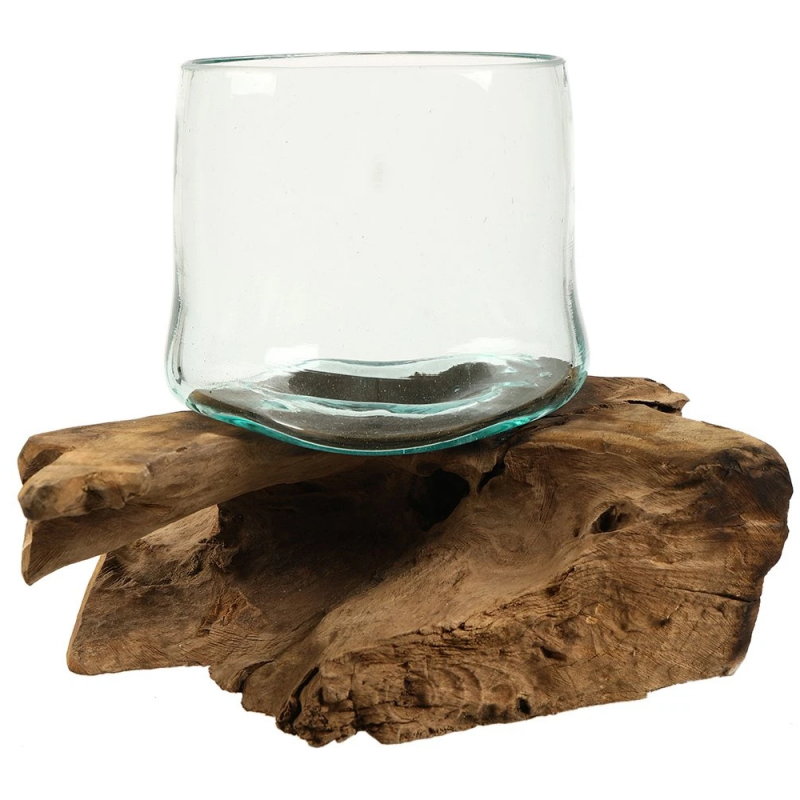 Vase boule en bois Décoration en bois et teck Petit diamètre de 8 à 10 cm Vase racine avec verre 