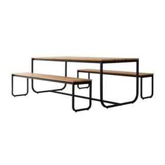 Ensemble TABLAS table + 2 bancs - acier et eucalyptus - 200 X 90 x 74