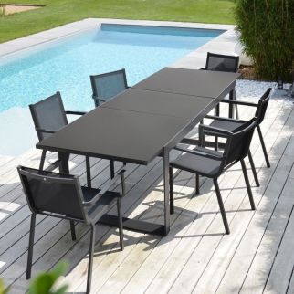 Table alu allonge auto SANTORIN – plateau verre – 2m/2m60 X 90 cm